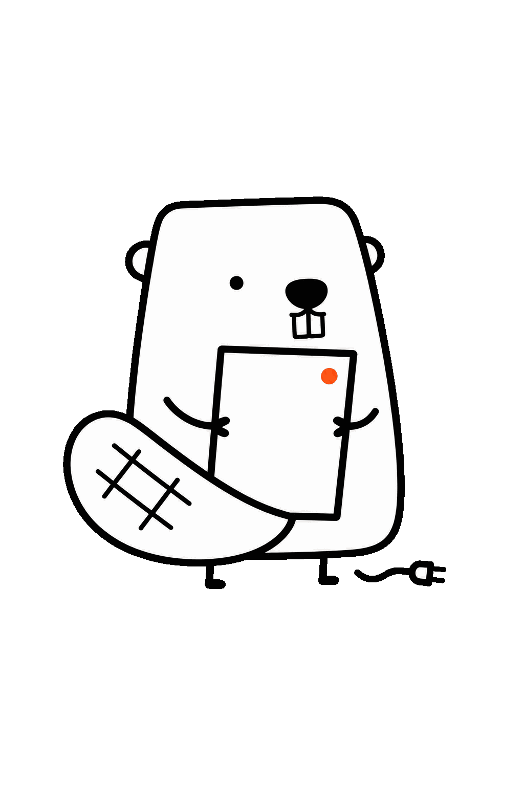 A minimal line-art beaver hugging a document beside an unplugged cable